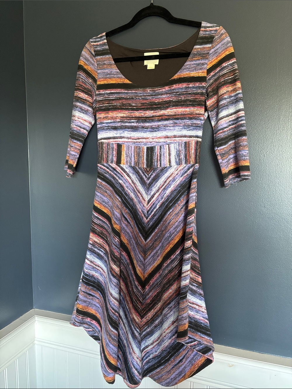 Anthropologie Striped High-Low Fit & Flare Dress in Lavender, Black & Mustard